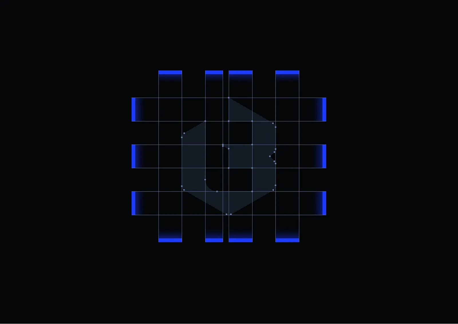 Construction grid for the Barnksforte mark on black, lit in cobalt.