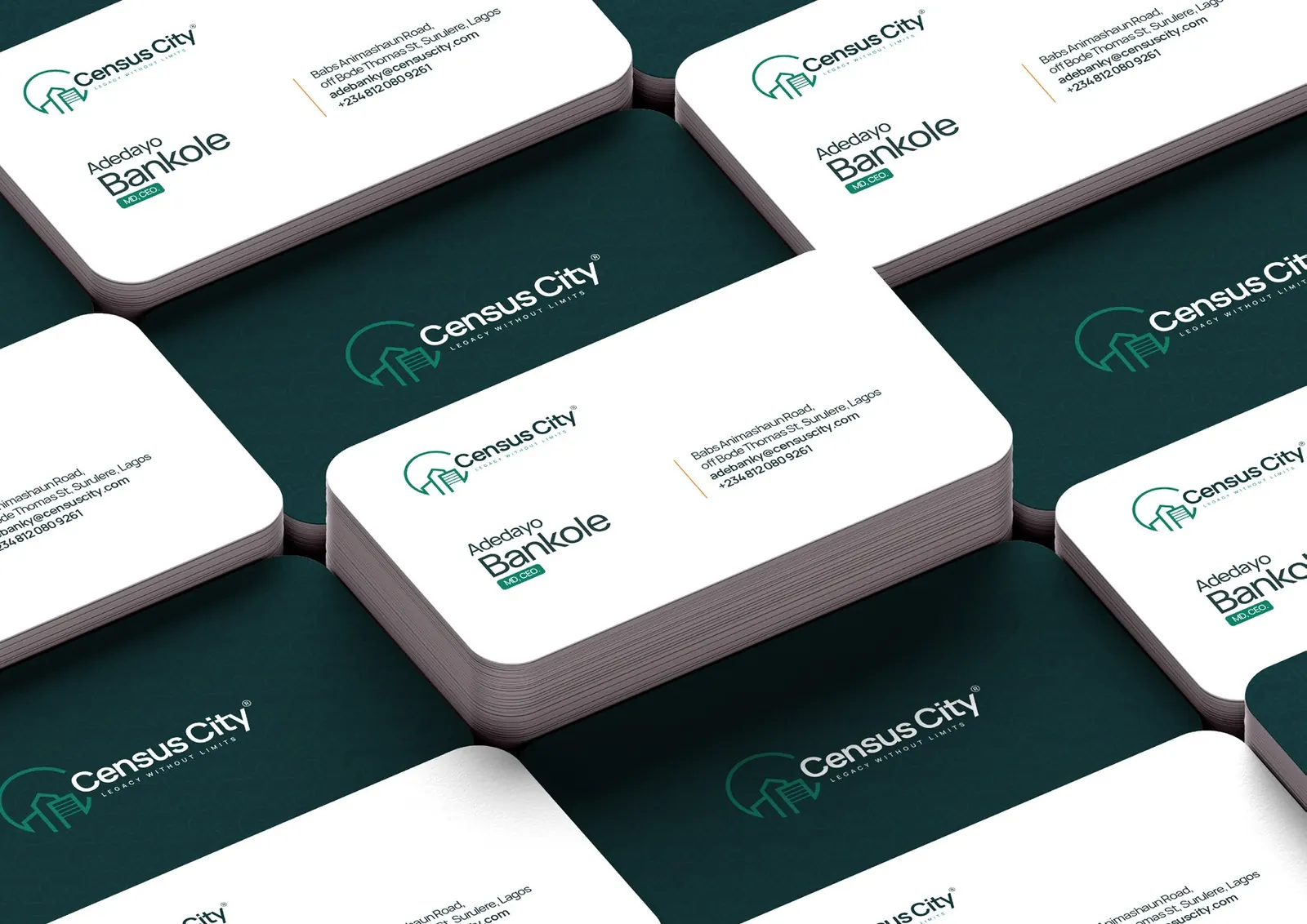 Census City business cards in teal and white.