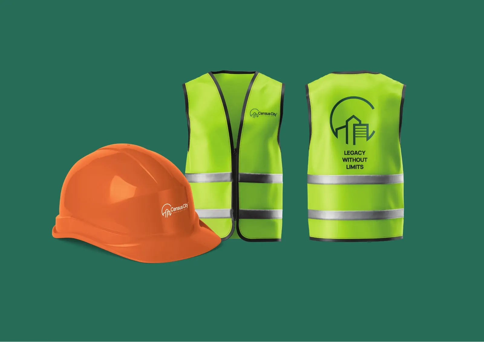 An orange hard hat and high-visibility vests with the mark.