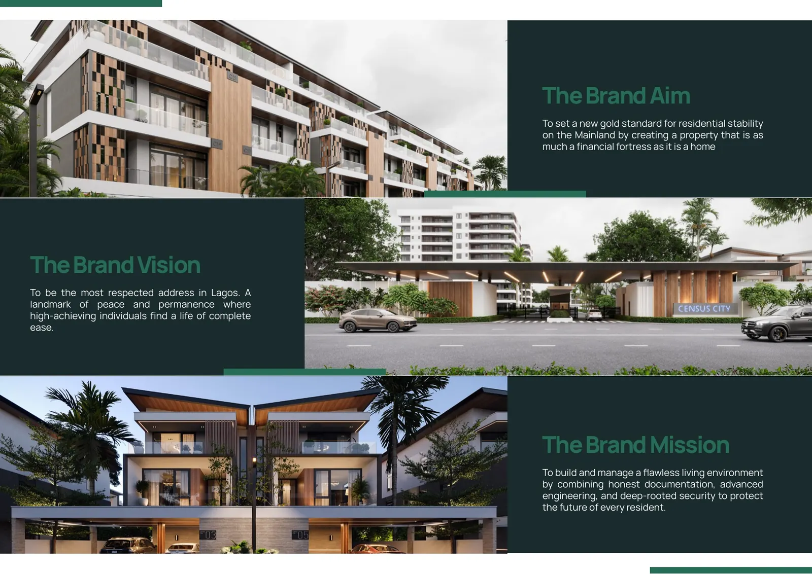 Census City buildings beside the brand aim, vision and mission.