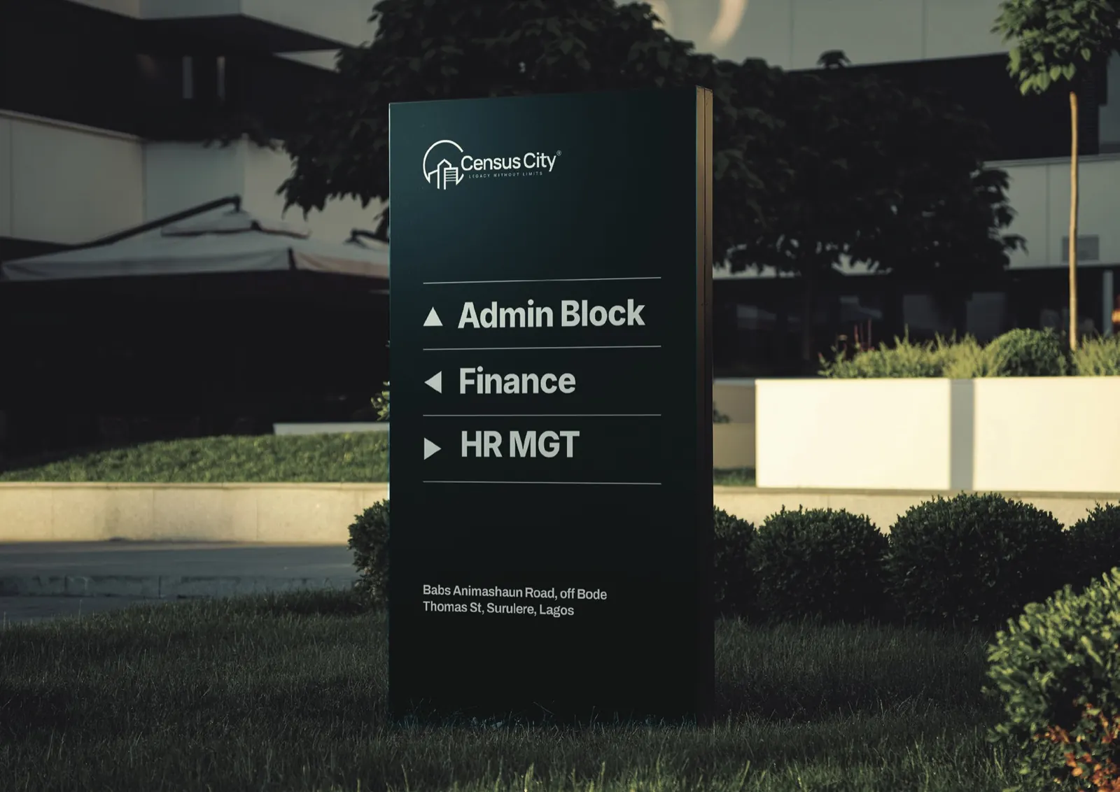 A wayfinding sign for the admin block, finance and HR.
