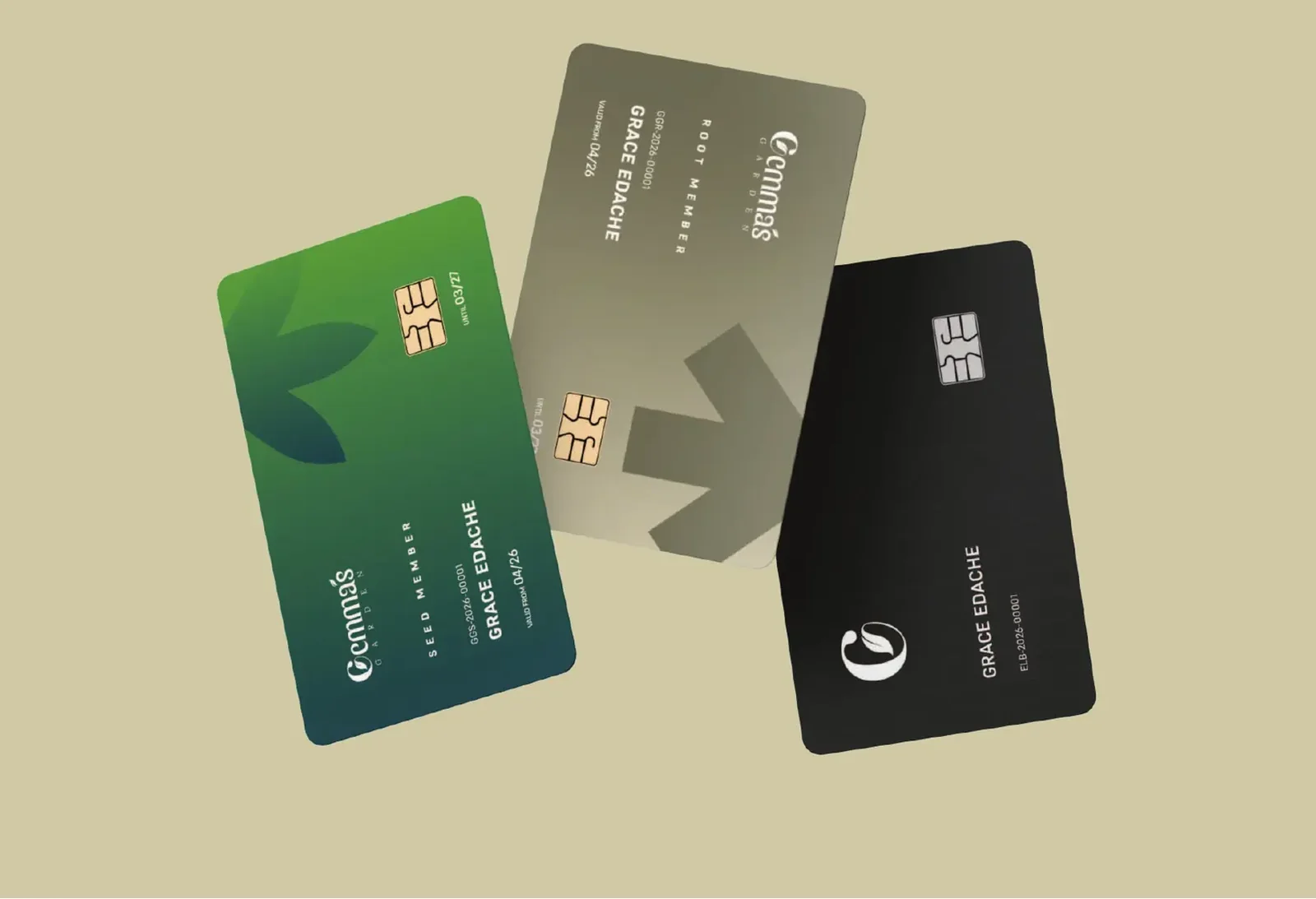 Three CheChe membership cards in green, olive and black.