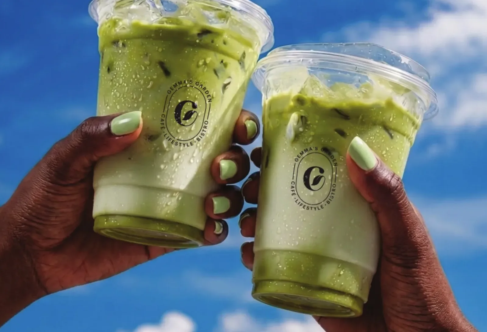 Iced matcha in Gemma’s Garden cups.