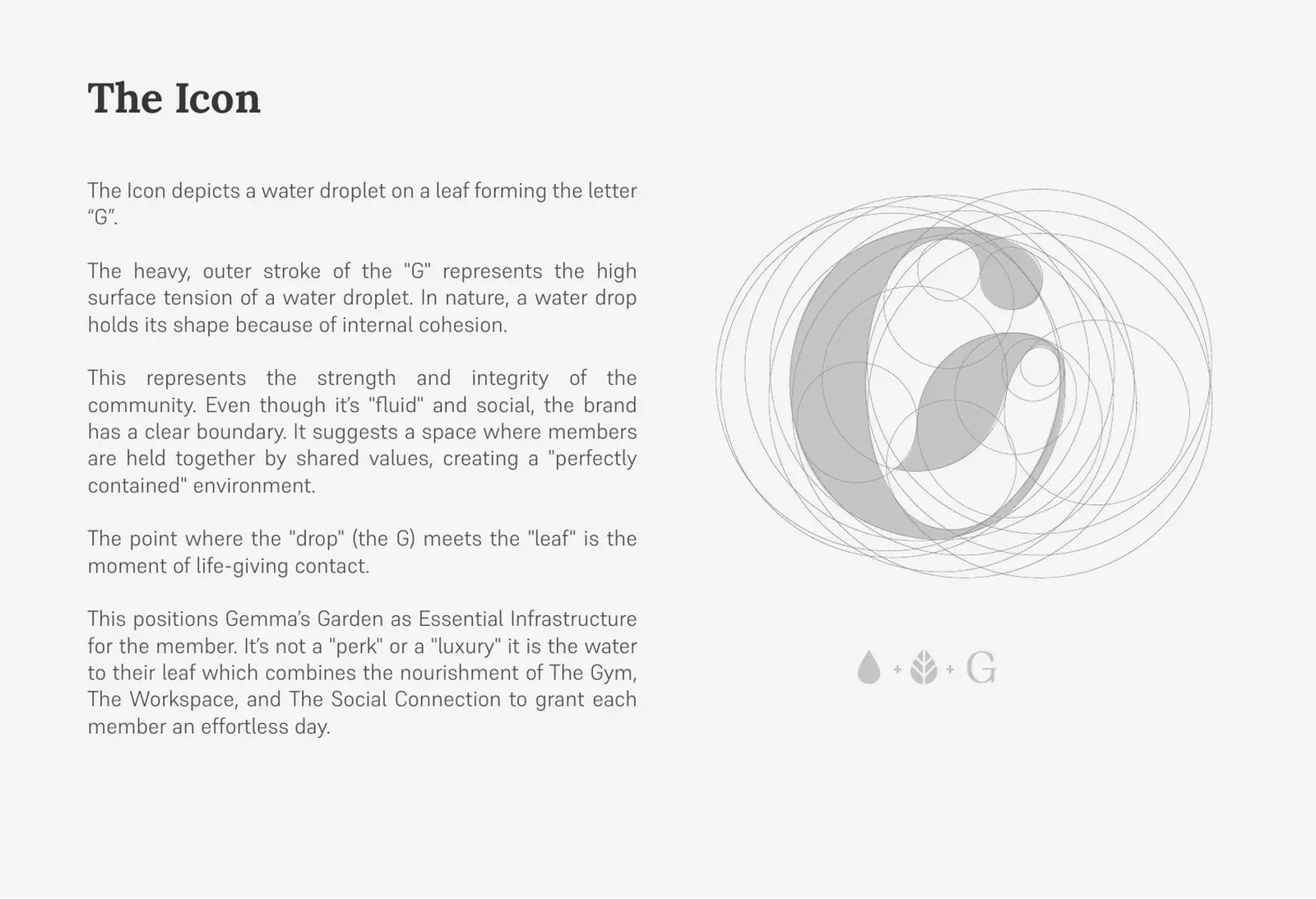 Construction drawing of the Gemma’s Garden icon: a water droplet on a leaf forming the letter G.
