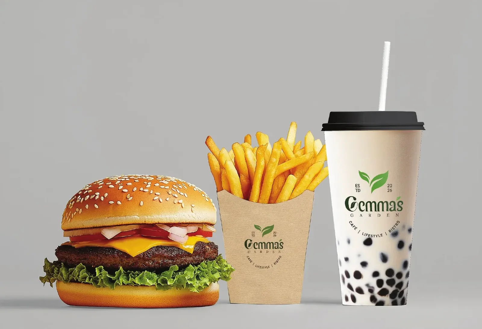 Burger, fries and bubble tea in Gemma’s Garden packaging.