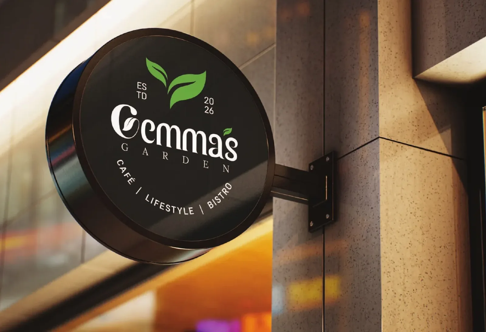The round Gemma’s Garden café sign.