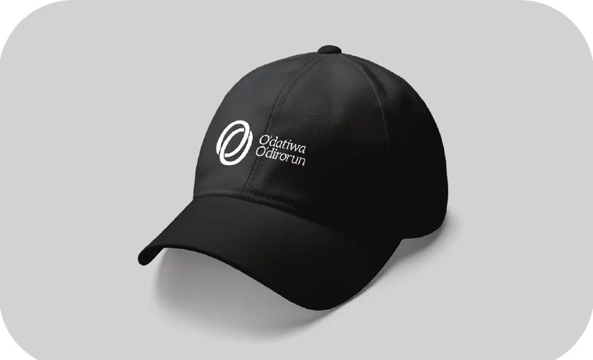 A black cap with the mark in white.